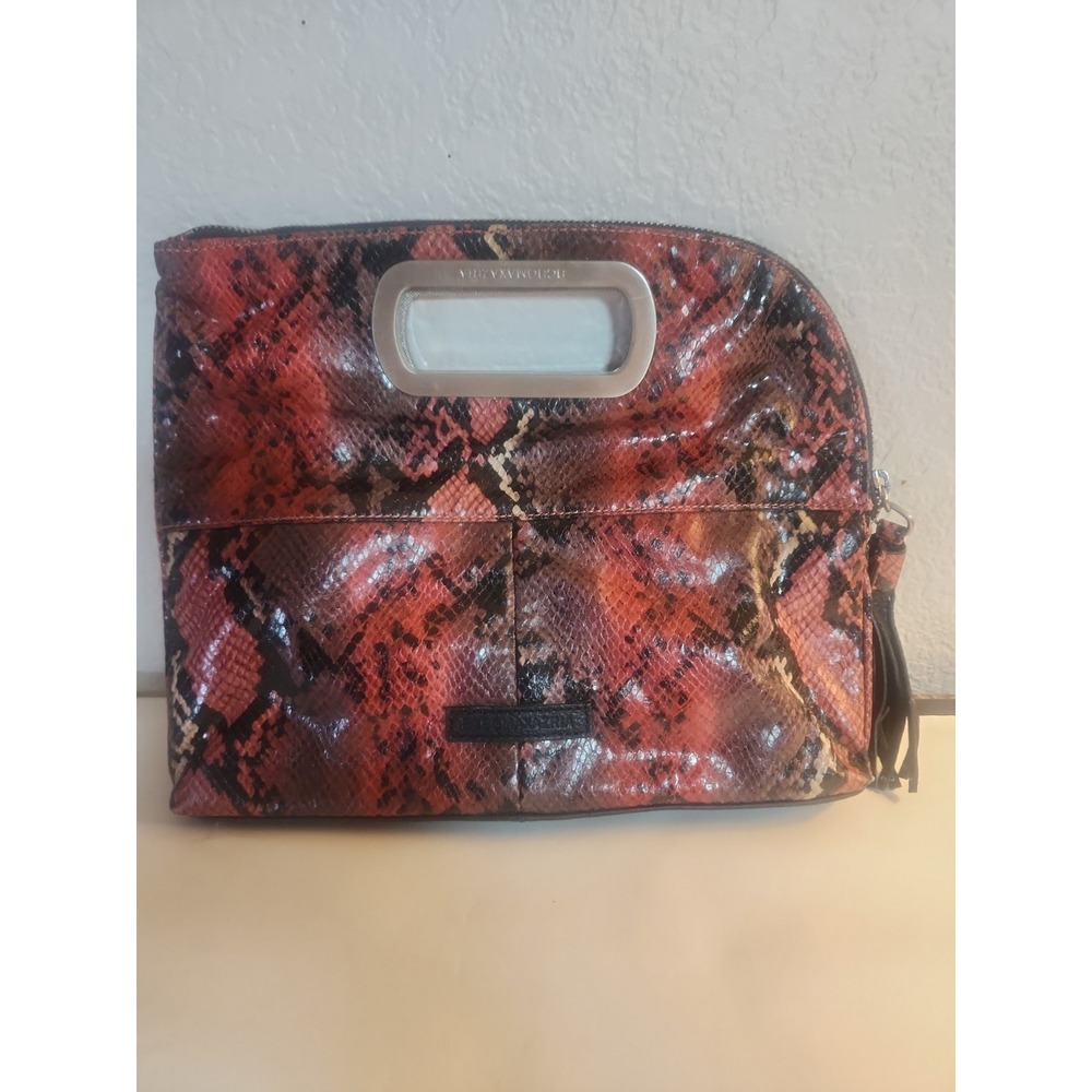 BCBG Max Azria Faux Snake Skin Print Clam Shell Purse Clutch Red Pink 12x9.5"